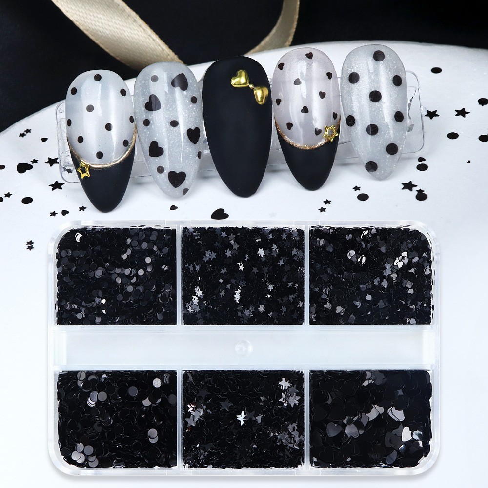 Black Star & Heart Shape Nail Glitter 6 Grids 3D Sequins for Nail Art Decoration