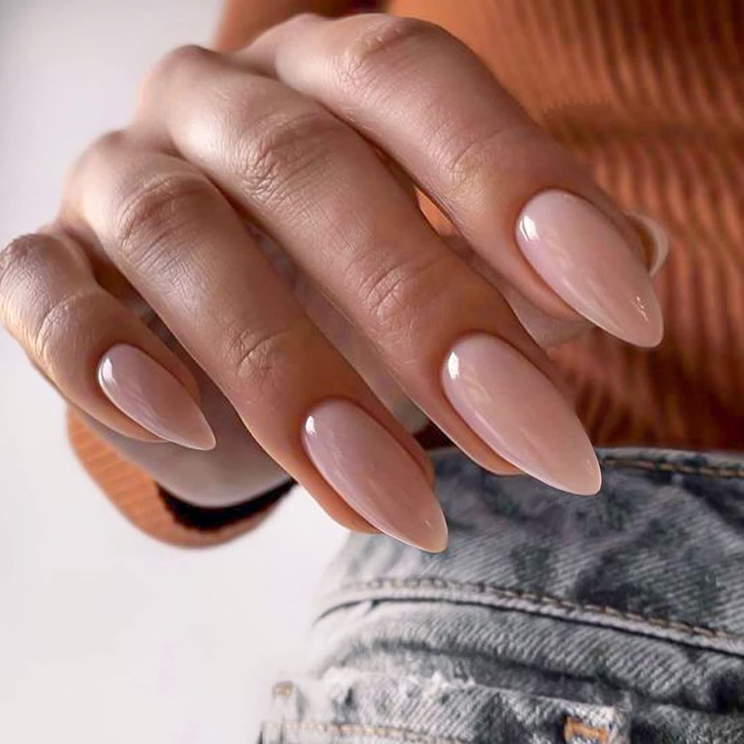 Almond Shaped Full-Cover Nude Fake Nails – 24 Piece Easy Application Set