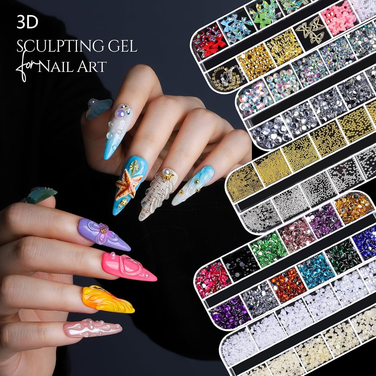 FANDAMEI 3D Nail Art Kit: Gel, Chrome Powder, Charms & Rhinestones
