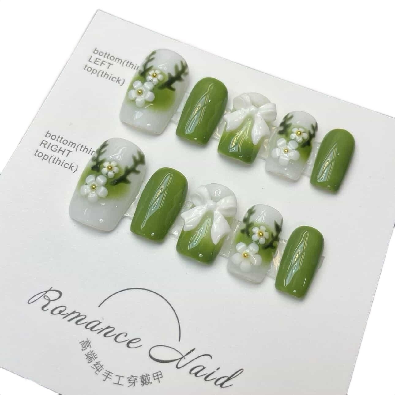 Press on Nails Square Shape Green Color with 3D Bowknot Design 112