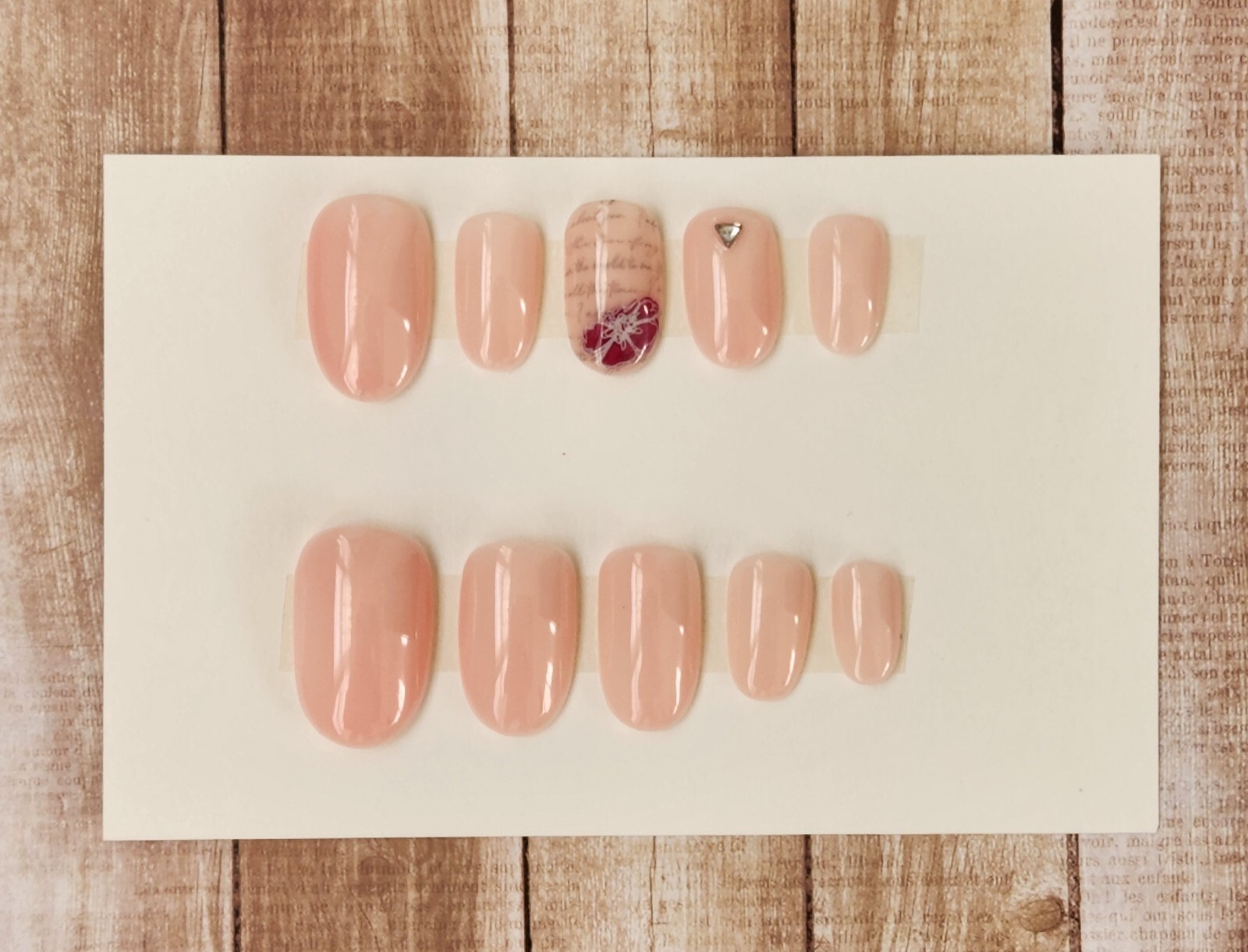 Custom Press On Handmade Gel Nails Pink Floral Gem Accent Oval Short 20 Tips