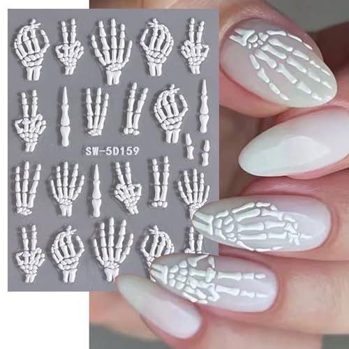 3Sheets Halloween Skeleton Nails Stickers Embossed Flower Skull Hand Bone Rose