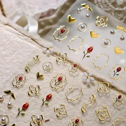 Gold Nail Stickers Flower Nail Decals for Nails Art Tulip Nail Tulip Gold Heart