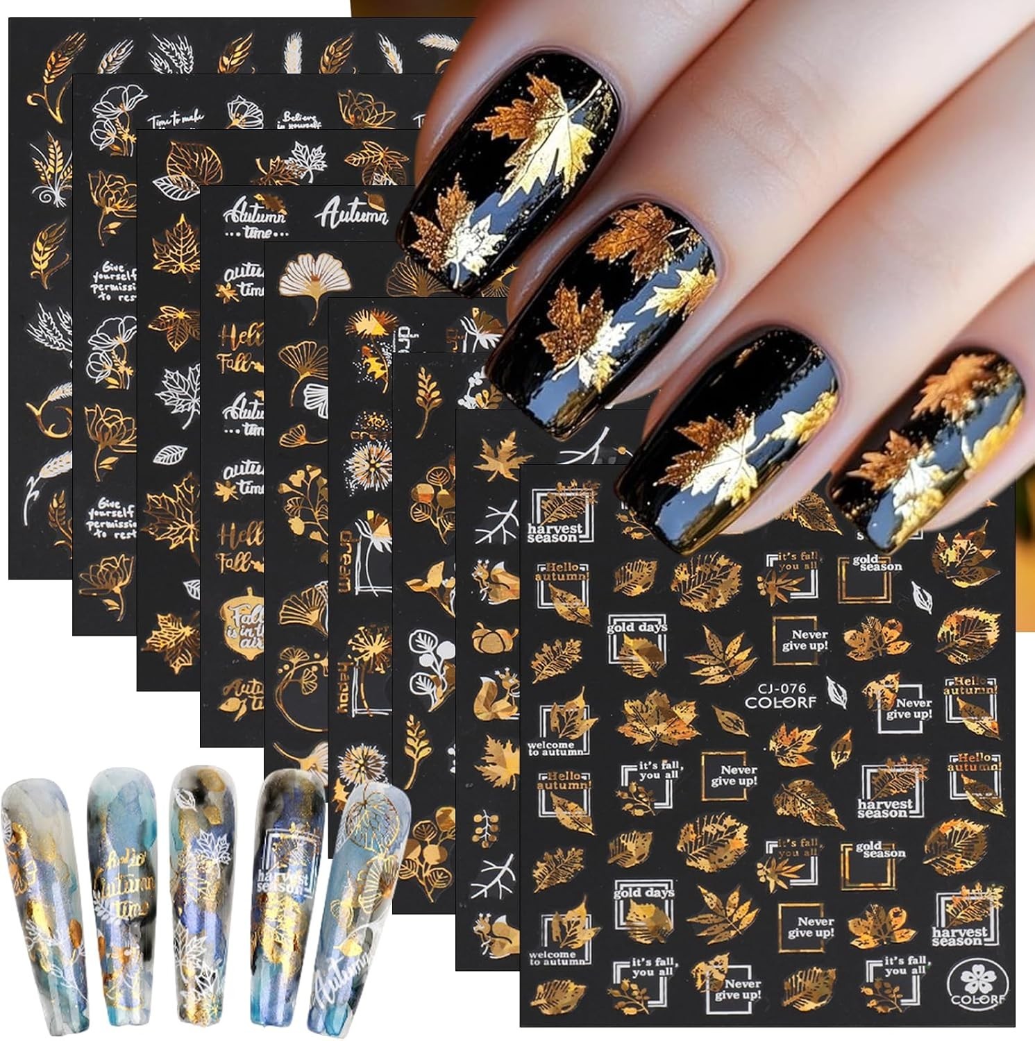 9 Sheets Bronzing Fall Nail Art Stickers 3D Glitter Metallic Maple Leaf Nail …