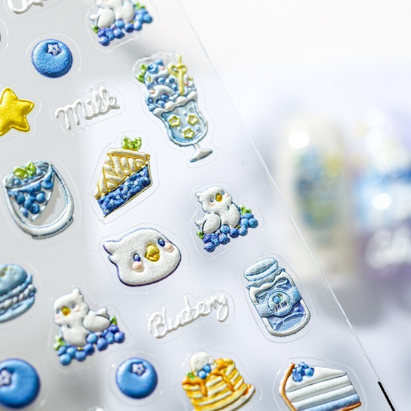 5D Blueberry Nail Decals, Macarons Nail Stickers, Blueberry Cake Decals Art (97)