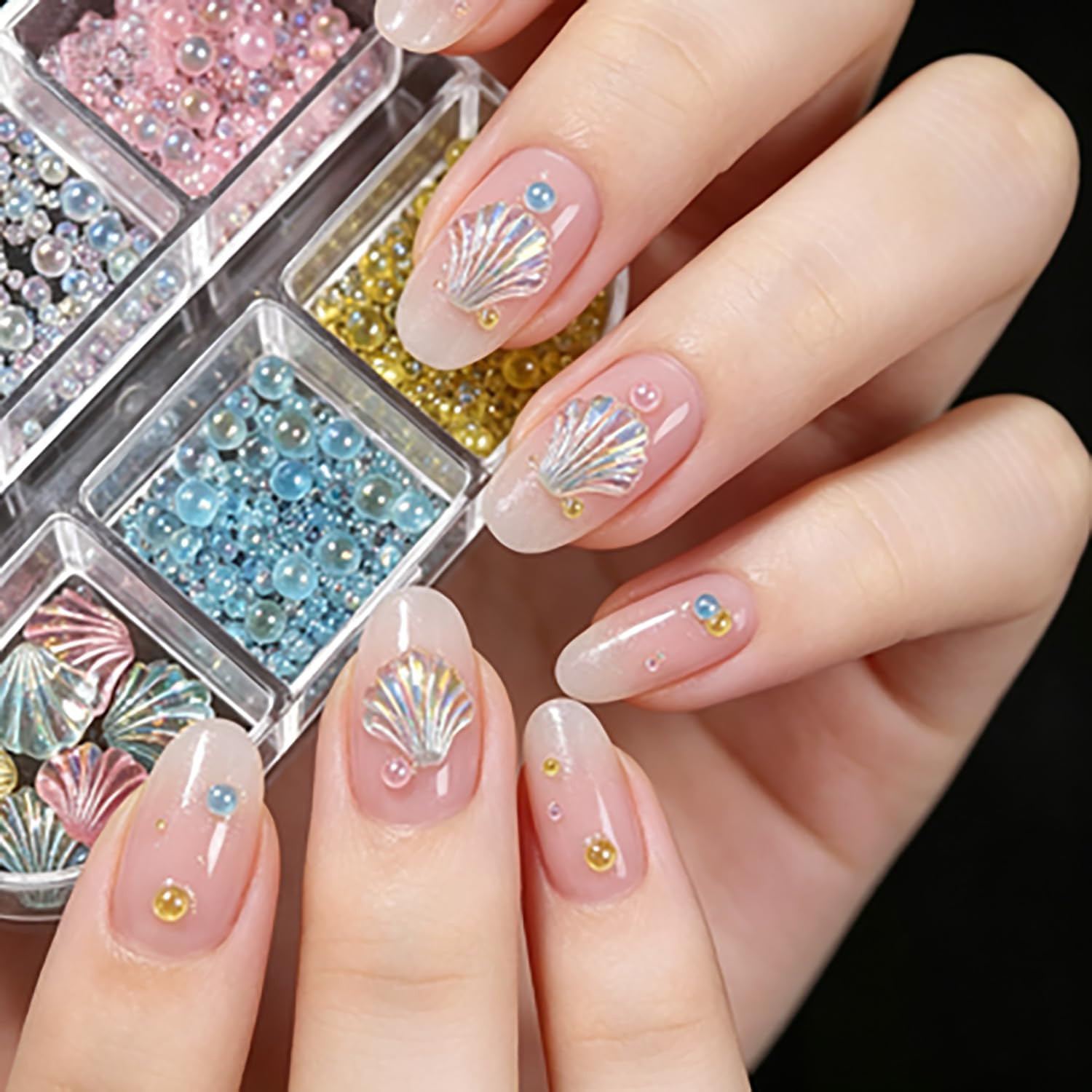 Iridescent Sector Seashell Nail Art Decoration 6 Grid, Resin Bubble Beads Nail R
