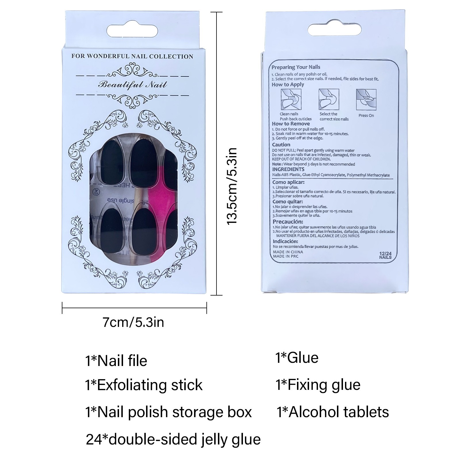 Matte Black Oval Press-On Nails, Medium Fake Nails with Full Prep Kit, 24Pcs