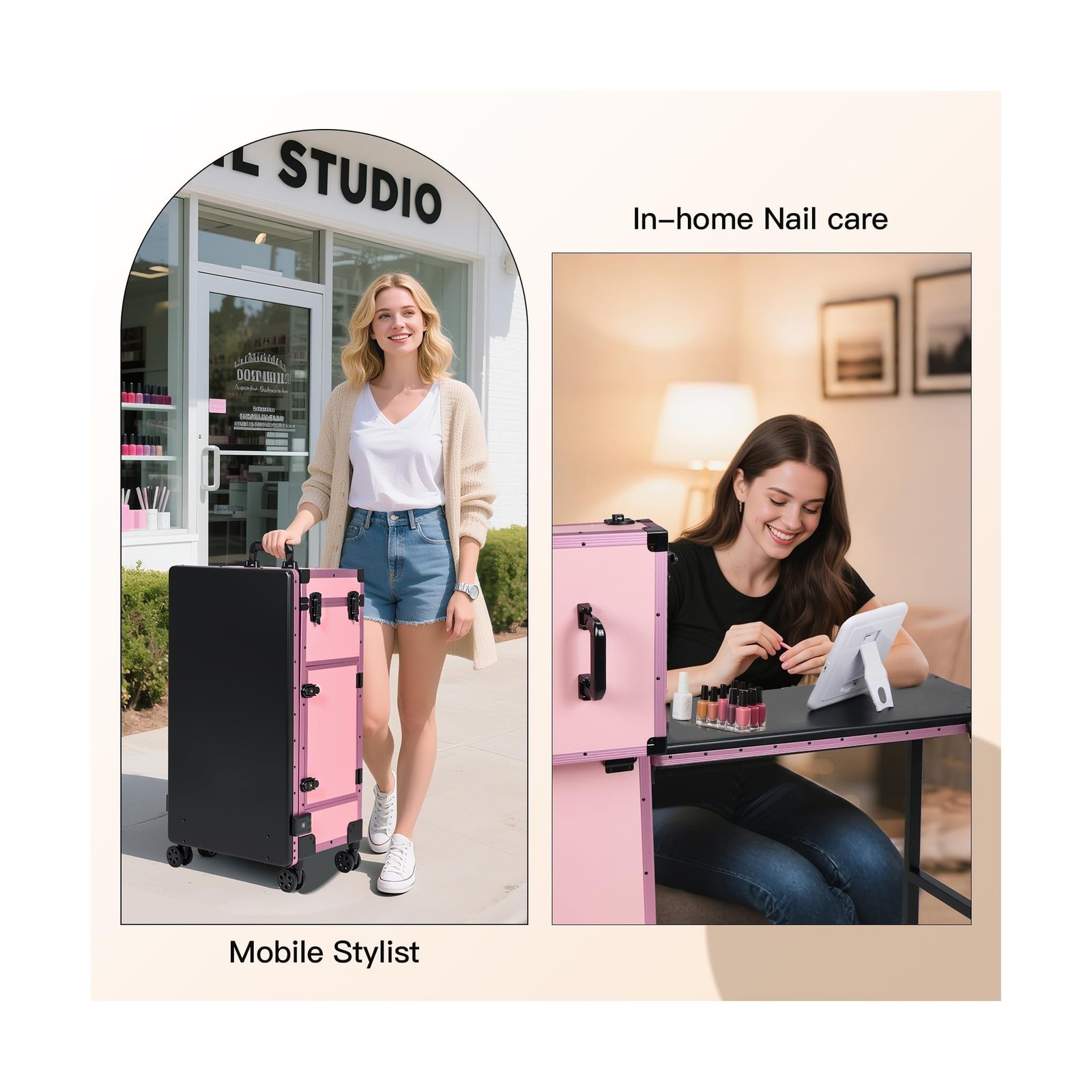 Rolling Portable Manicure Table with 3 Drawers, Lockable Makeup Train Case wi…