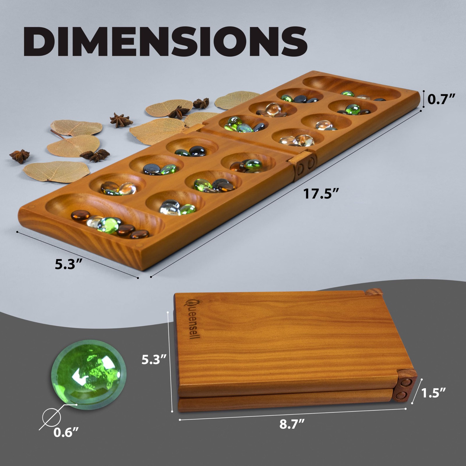 Mancala Board 17.5 x 5.3 inches (folded), 8.7 (packed), Multi-color