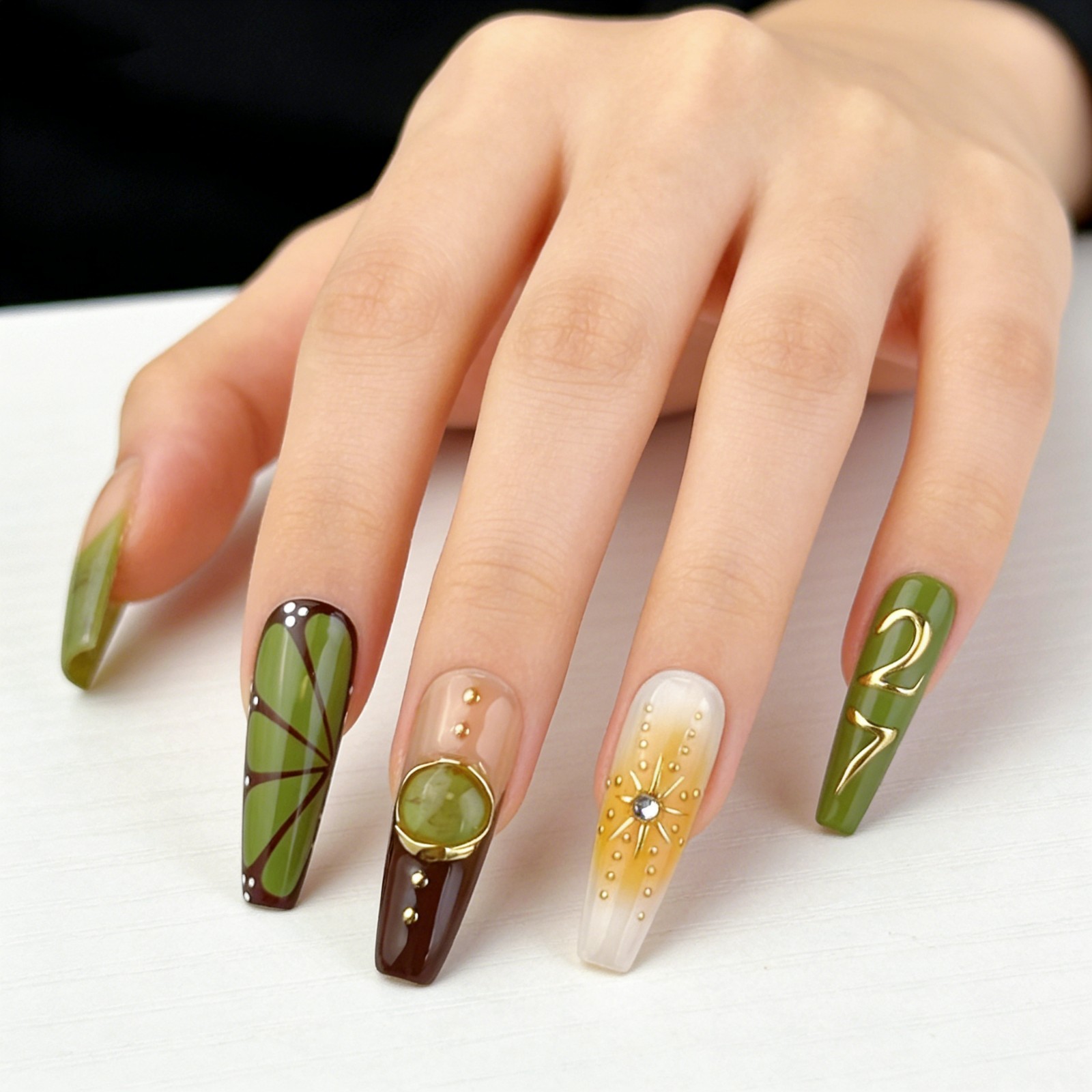 Long Coffin Tropical Jungle Press-On Nails with Gold & Amber Accents handmade