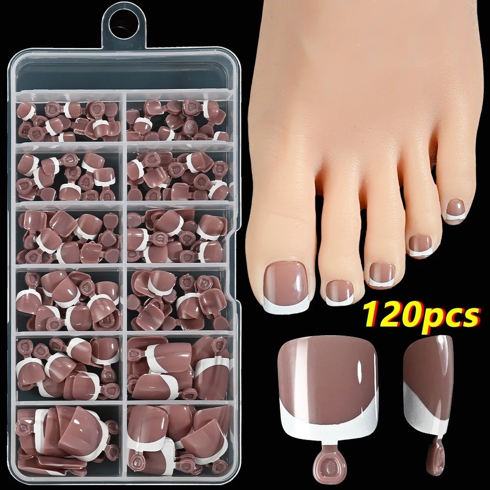 120Pcs Pink French Short Square Fake Nails 12-Sizes Full Cover Press On Nails We