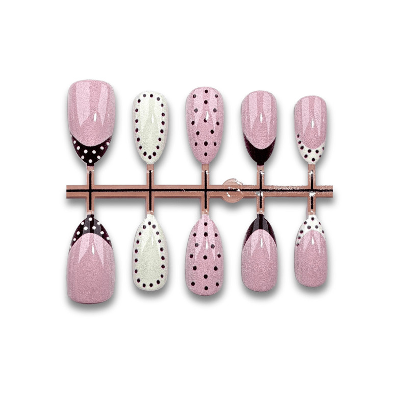 30Pcs-Long Almond Pink White Burgundy Polka Dot French Art Design Press on Nails