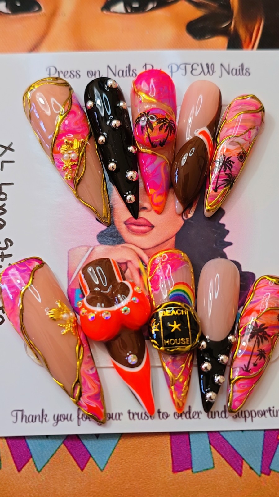 Handmade Gel Press On Nails,3D Summer Set Medium Size 1,5,4,6,8 XL Long Stiletto