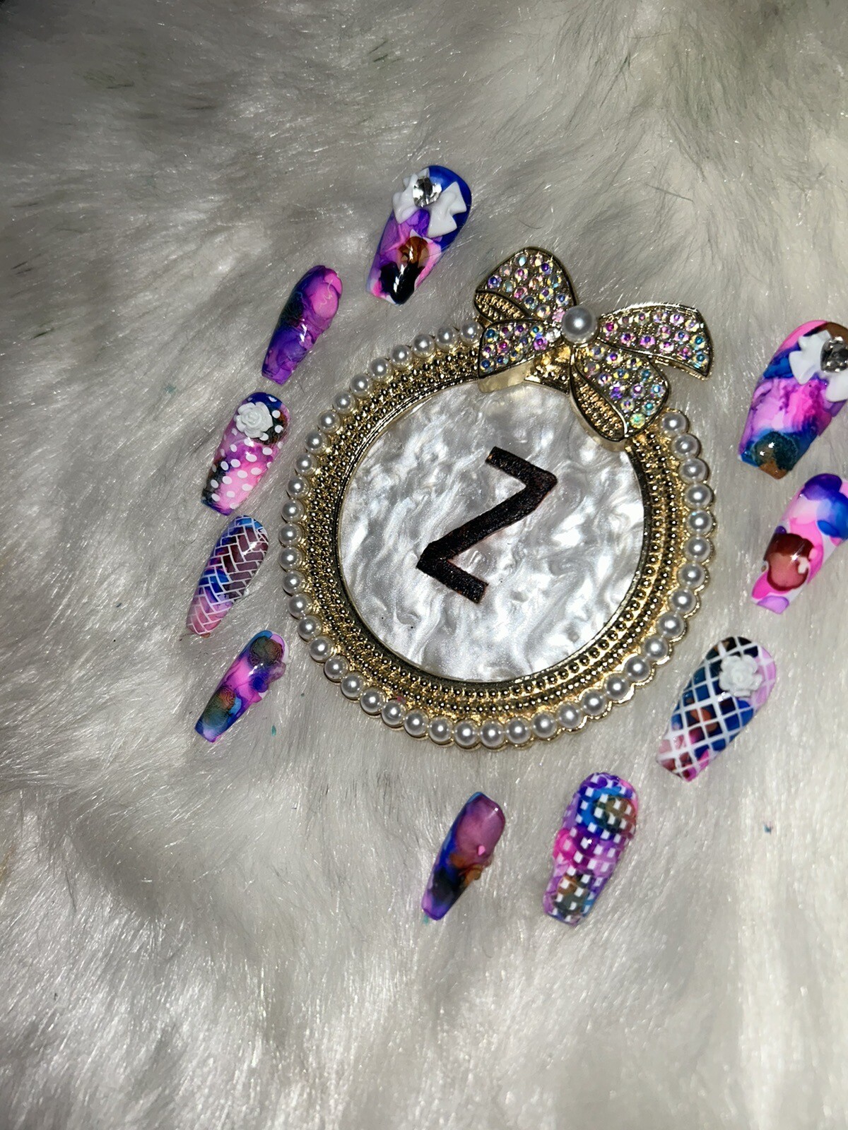 Z NAILZ! Handmade Tie Dye L Coffin W/White Stamps, Bows And Roses Press On Nails