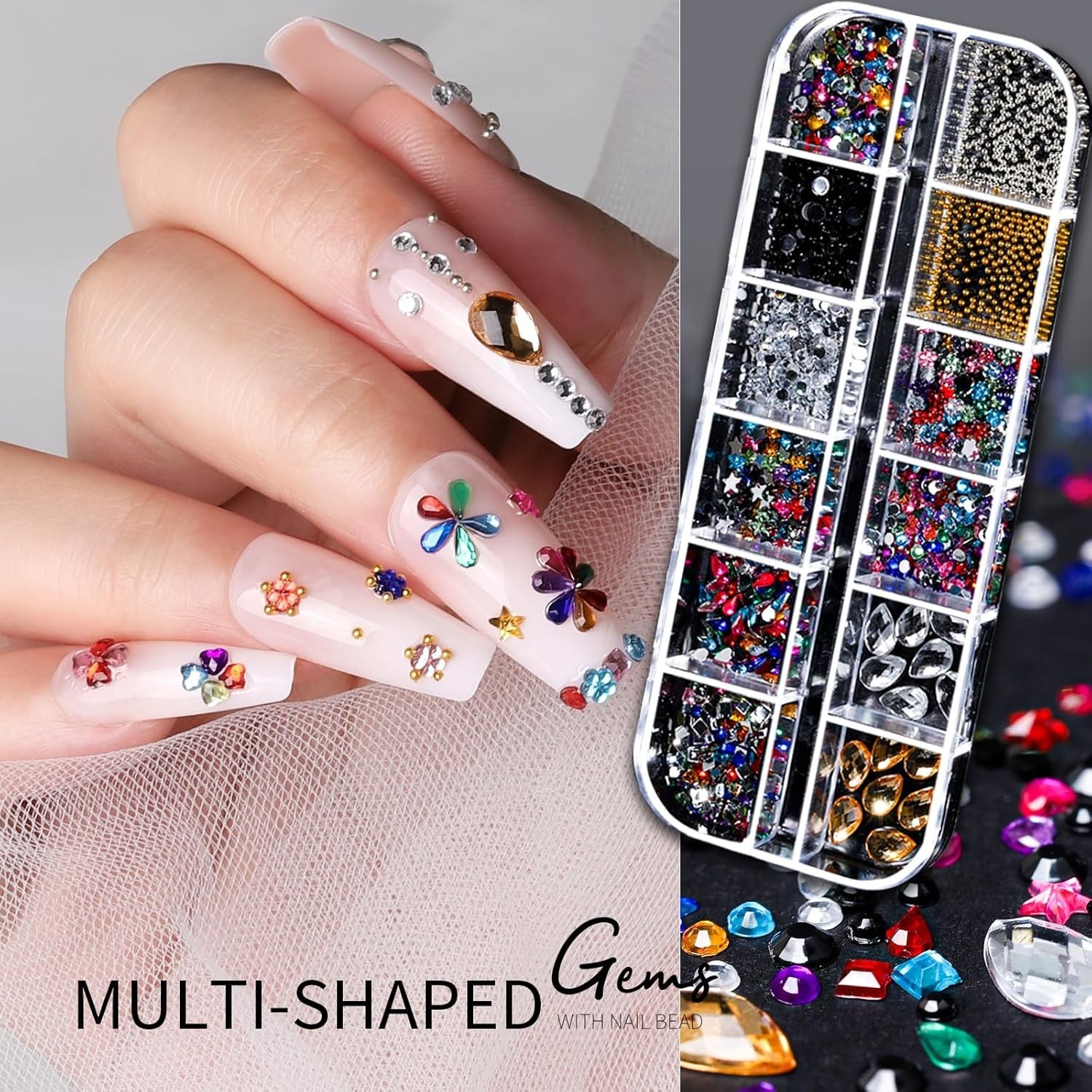 All-in-One Nail Art Charm Kit with Gold Stickers and Colorful Rhinestones