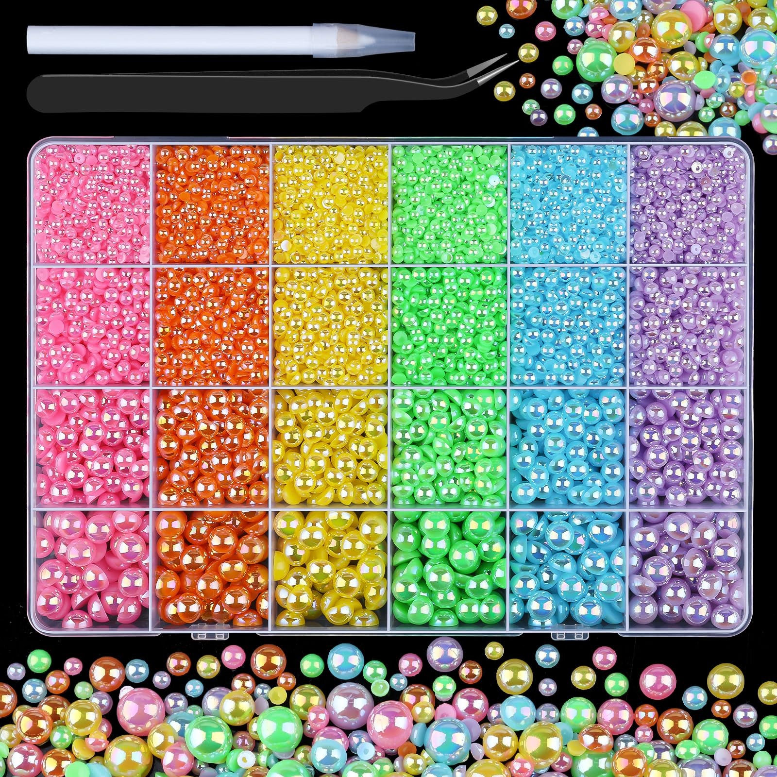 8500PCS Rainbow Flatback Pearls Set, 3/4/6/8mm Pink Purple Blue Half Round Pe…