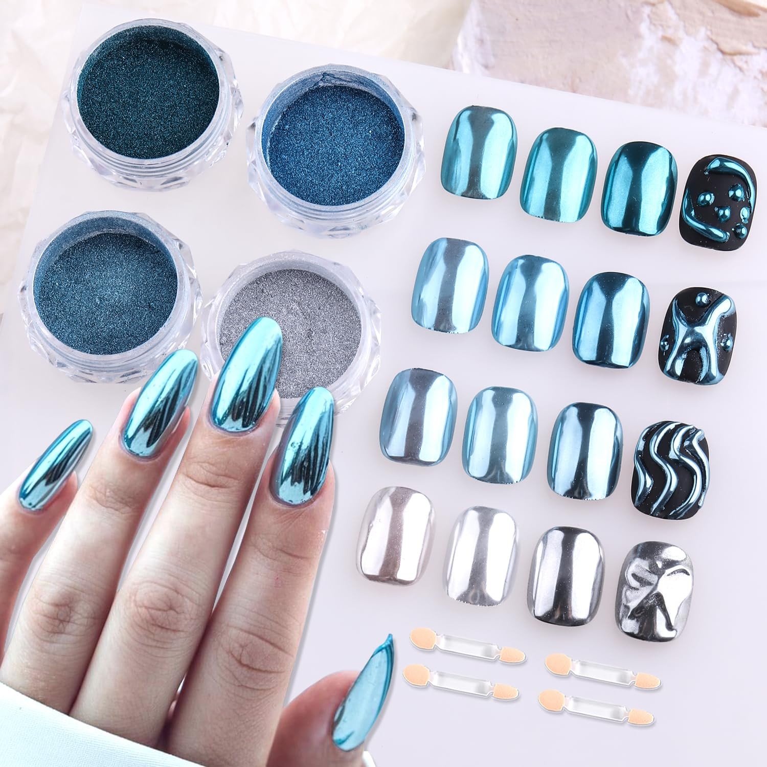 4 Colors Chrome Nail Set, Blue Silver Metallic Mirror Effect Nail Chrome Holo…