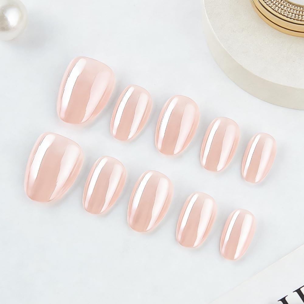 Bare Apricot Press on Nails Electroplating Short Oval Fake Nails with Solid C…