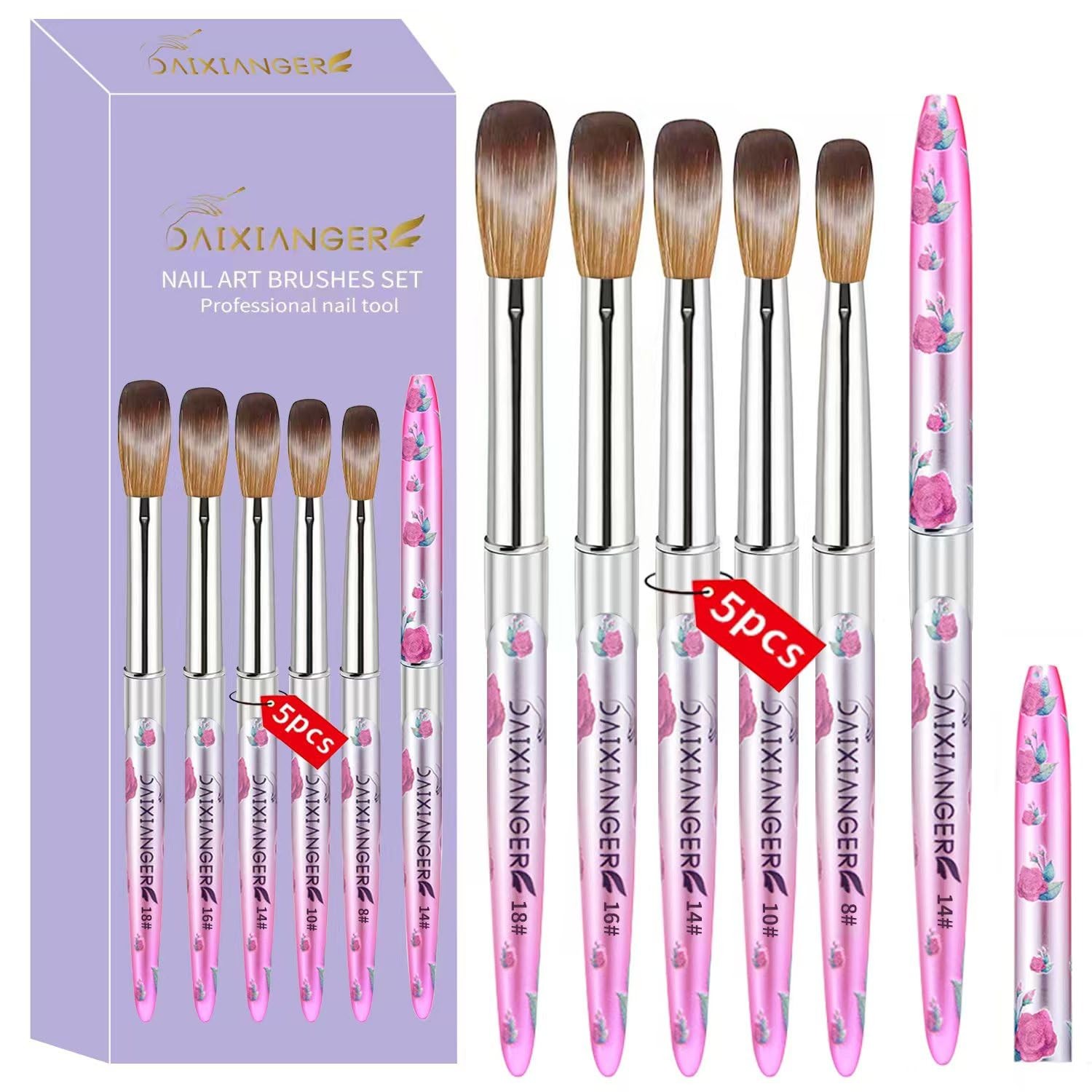 5PCS Acrylic Nail Brush Set – Size 8/10/14/16/18 Brushes for Acrylic Applicat…