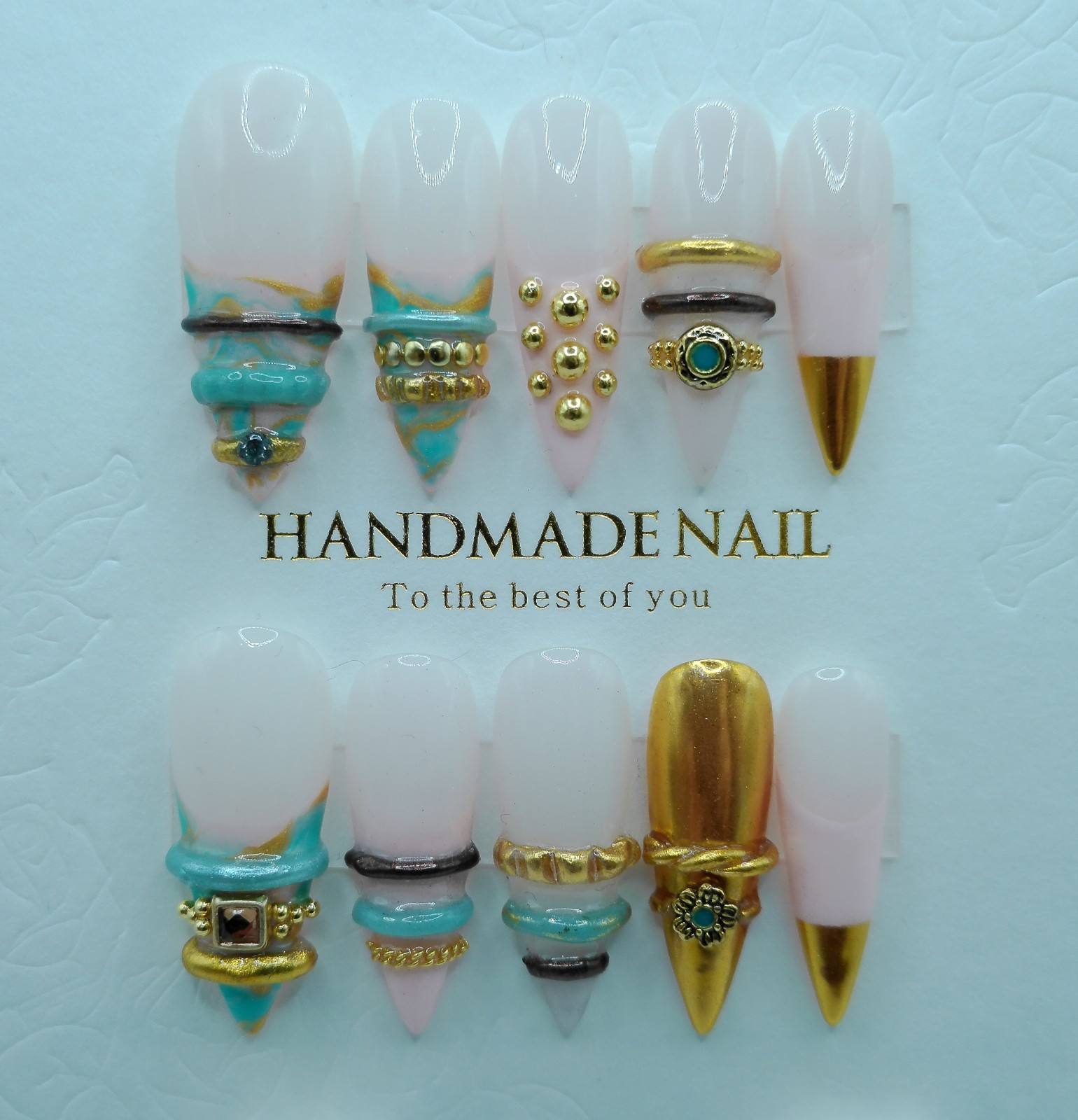 Long Stiletto Peach and Turquoise Bangle Press-On Nails – Medium Size
