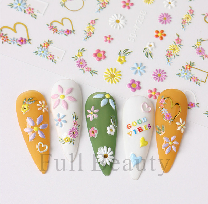 5D Embossed French Colorful Flower Love Daisy Fingers Toe Nail Art Stickers NS13