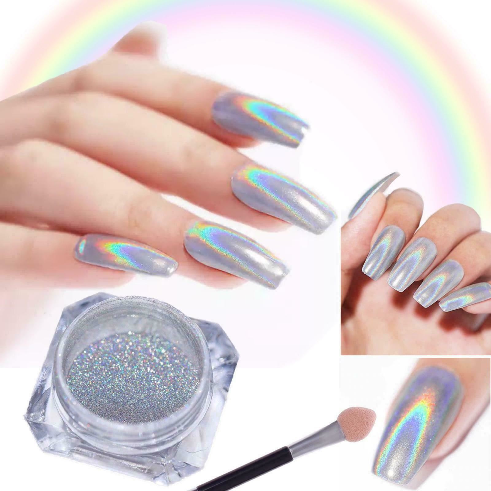 Holographic Nail Powder With Applicator Chrome Shimmer Mirror Glitter Pigment
