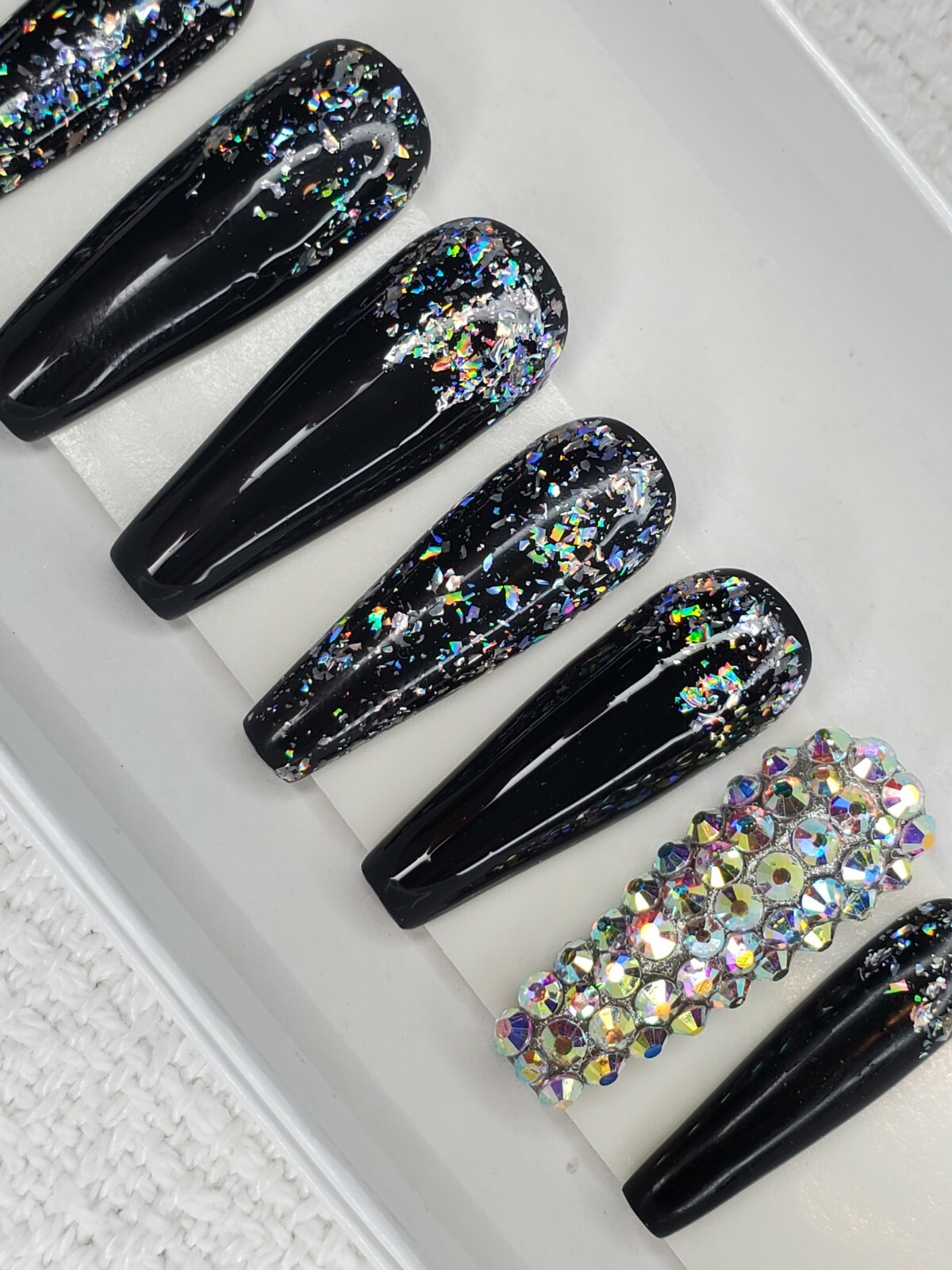 Black holographic glitter bling press on nails holo diamond crystal ballerina