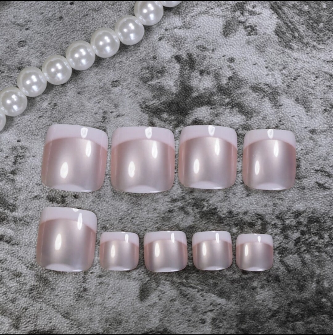 24 Silver Pink Chrome Toe nail press on nails kit w glue mirror shiny white