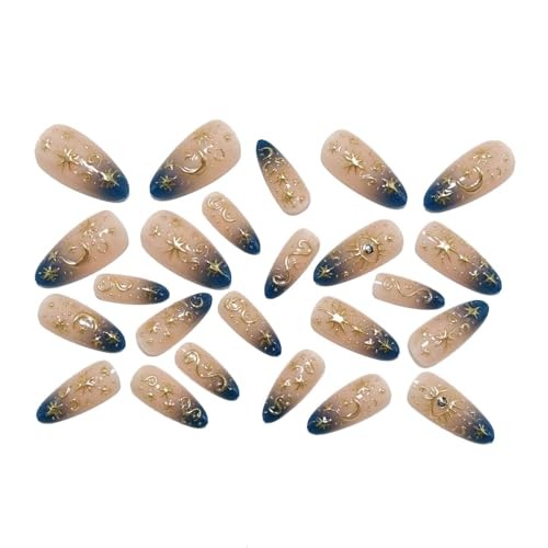 Gold Star Press on Nails Medium Almond Fake Nails Blue Ombre False Style 7