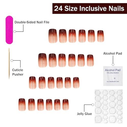 Brown Chrome Press on Nails Medium Square SWEKKE French Tip Fake Square Nail38