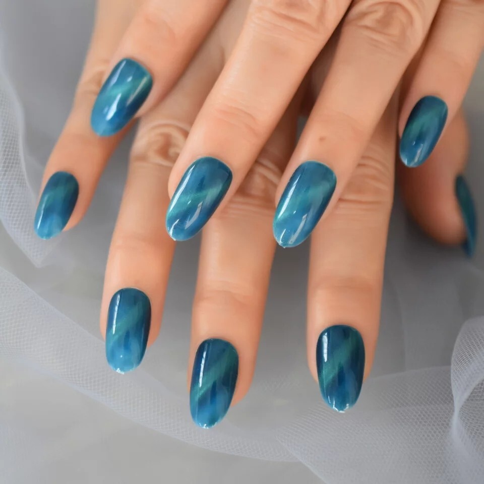 24 Aquamarine Galaxy Cat Eye Gel Press On Nails Glossy medium Blue magnet teal