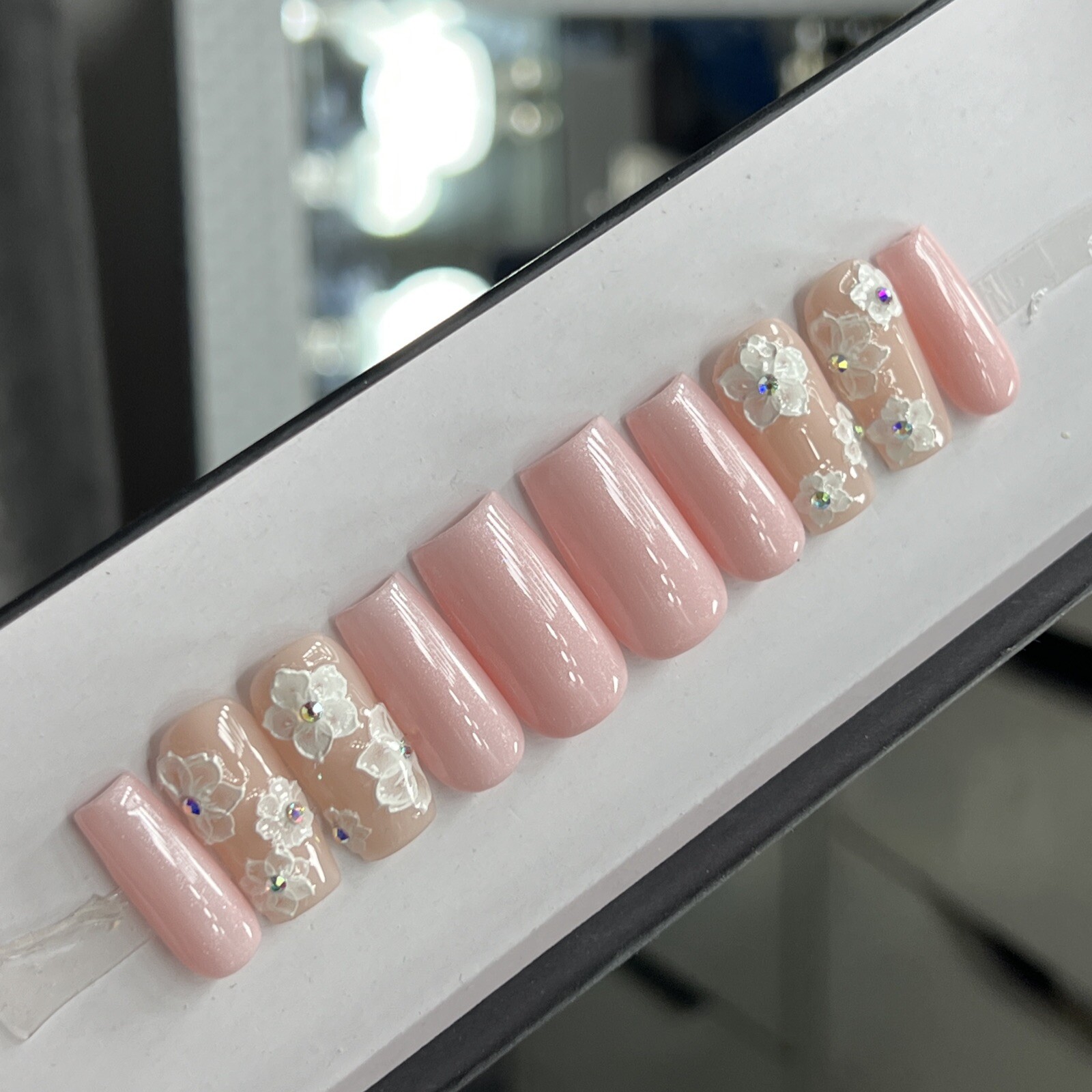 🤍 CUSTOM Hard Gel Press On Nails, Flower Pink Nude BLING 10p FULL SET W Kit