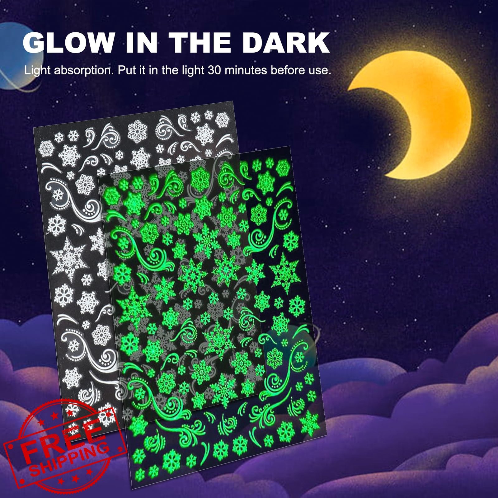 IDDFEVE Glow Snowflake Nail Stickers Christmas 3D Art Decals DIY Manicure