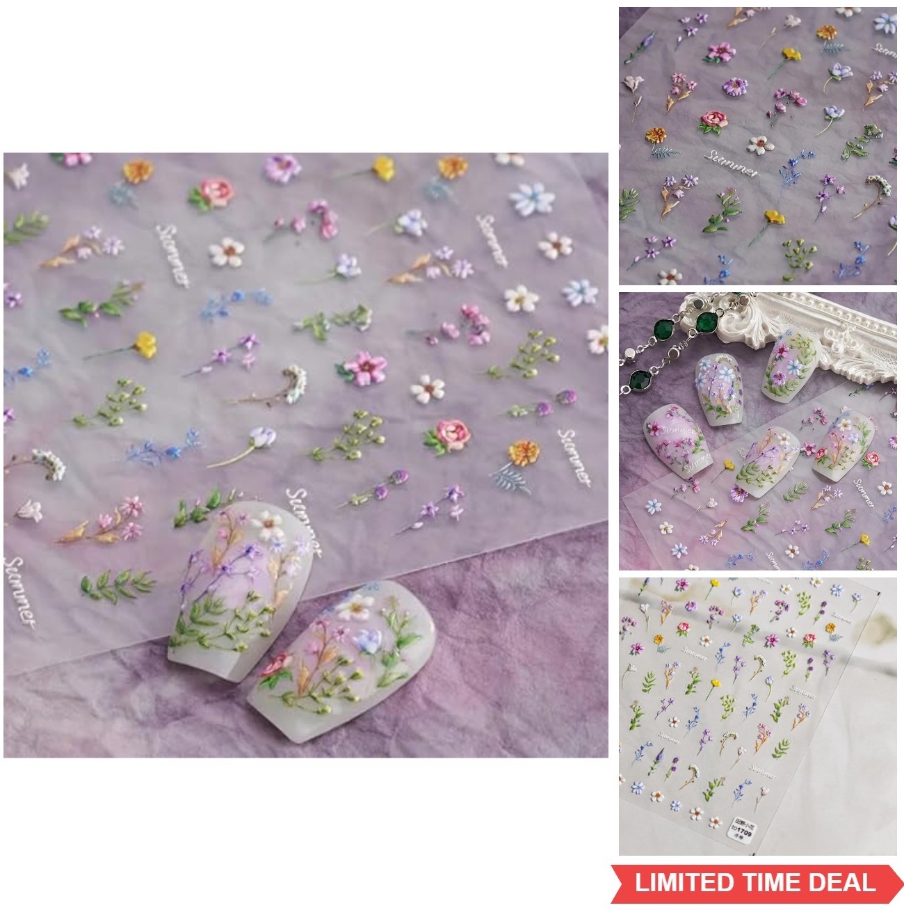 5D Flower Nail Stickers Summer Floral Leaf Plant Embossed Decals Self-Adhesive