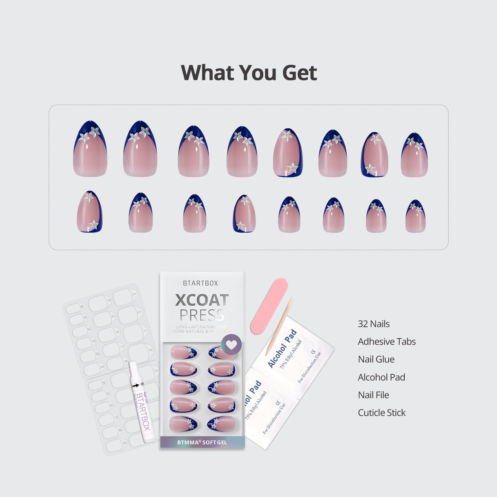 Press On Nails Blue Blossom Short Almond French Tips 32Ct | Salon-Quality Easy A