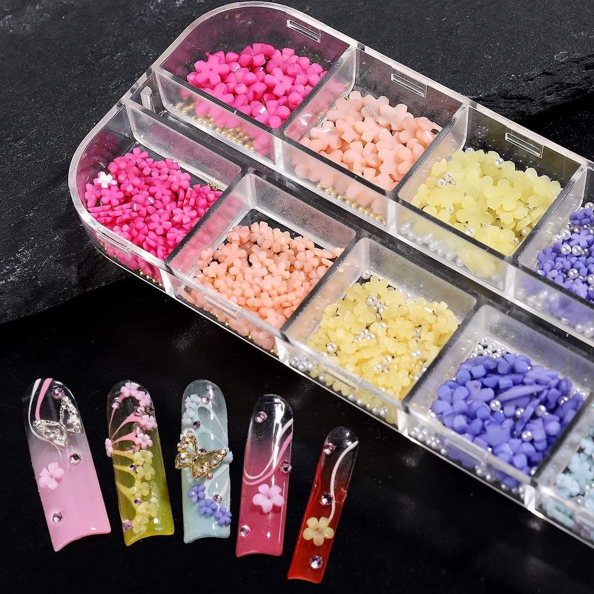 3D Flower Nail Charms Kit: Pink Acrylic, Gold Beads, AB Gems for Crafts