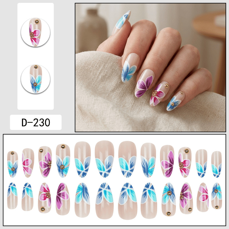 48pcs Almond Press on Nails,Nude White French Blue Purple Flower Gold Bead Nails