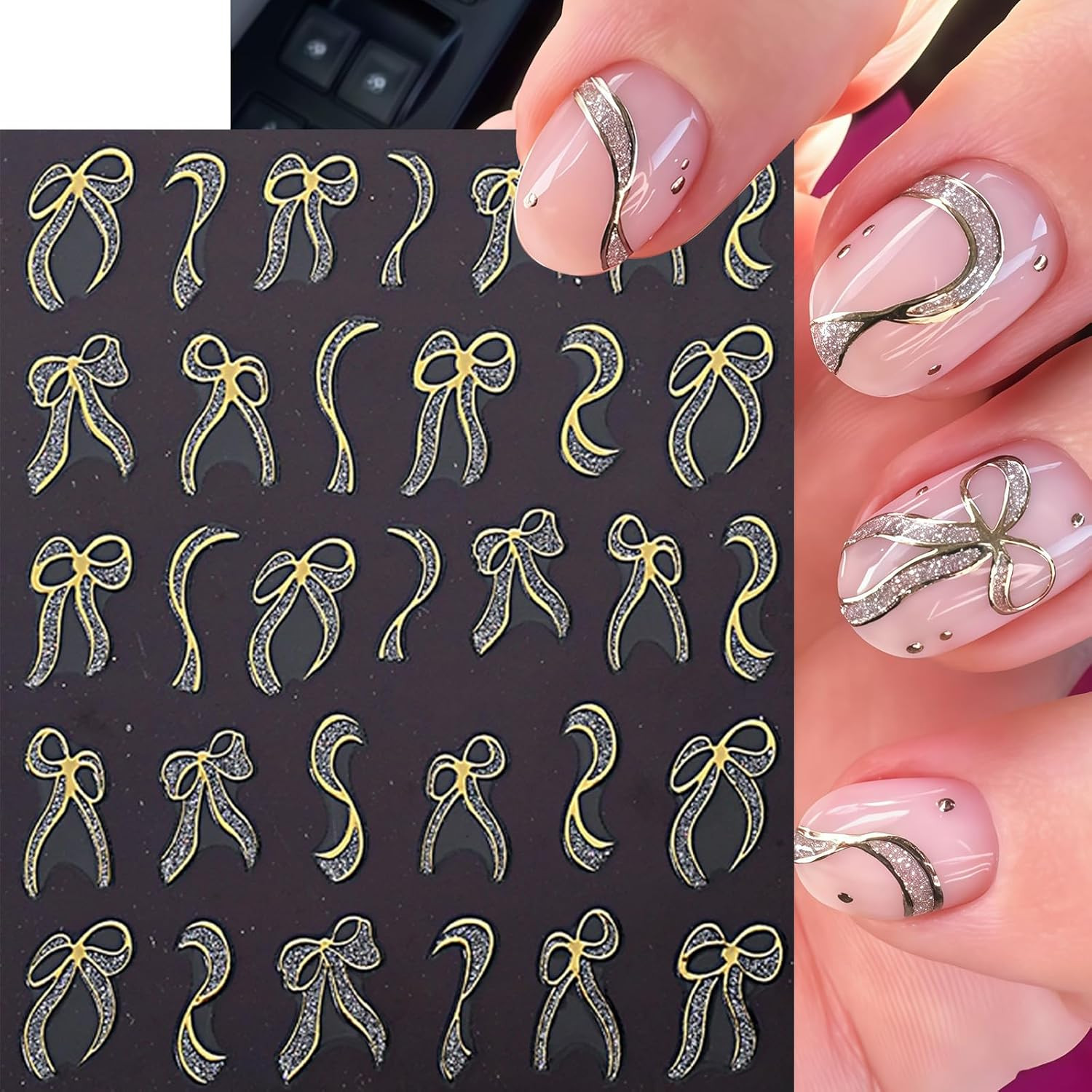 6 Sheets Bow Nail Art Stickers Bows Stickers for Nails 3D Self Adhesive Gold Red