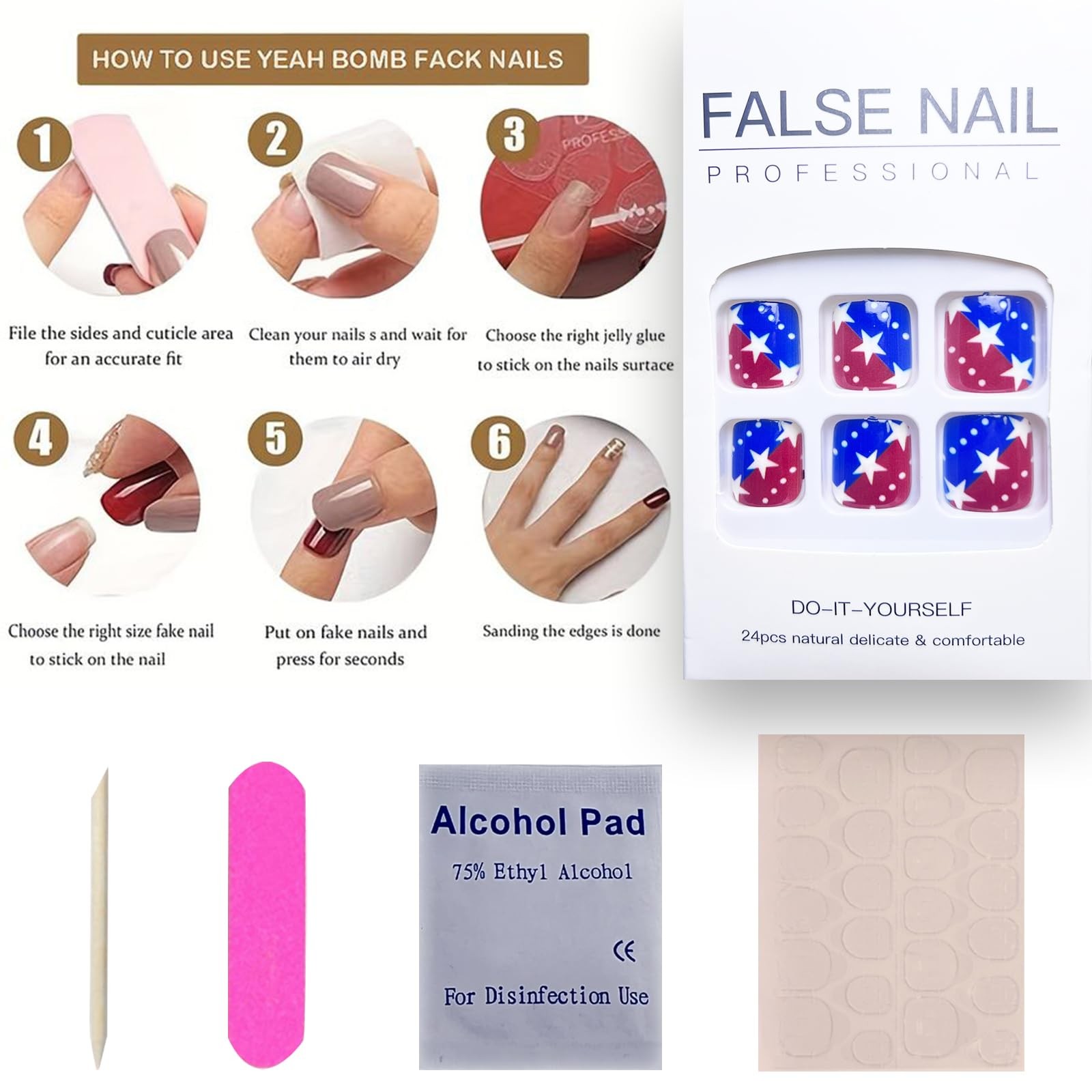 24Pcs 4th of July Press on Toe Nails Short Square Fake Toenails Glossy Red Bl…