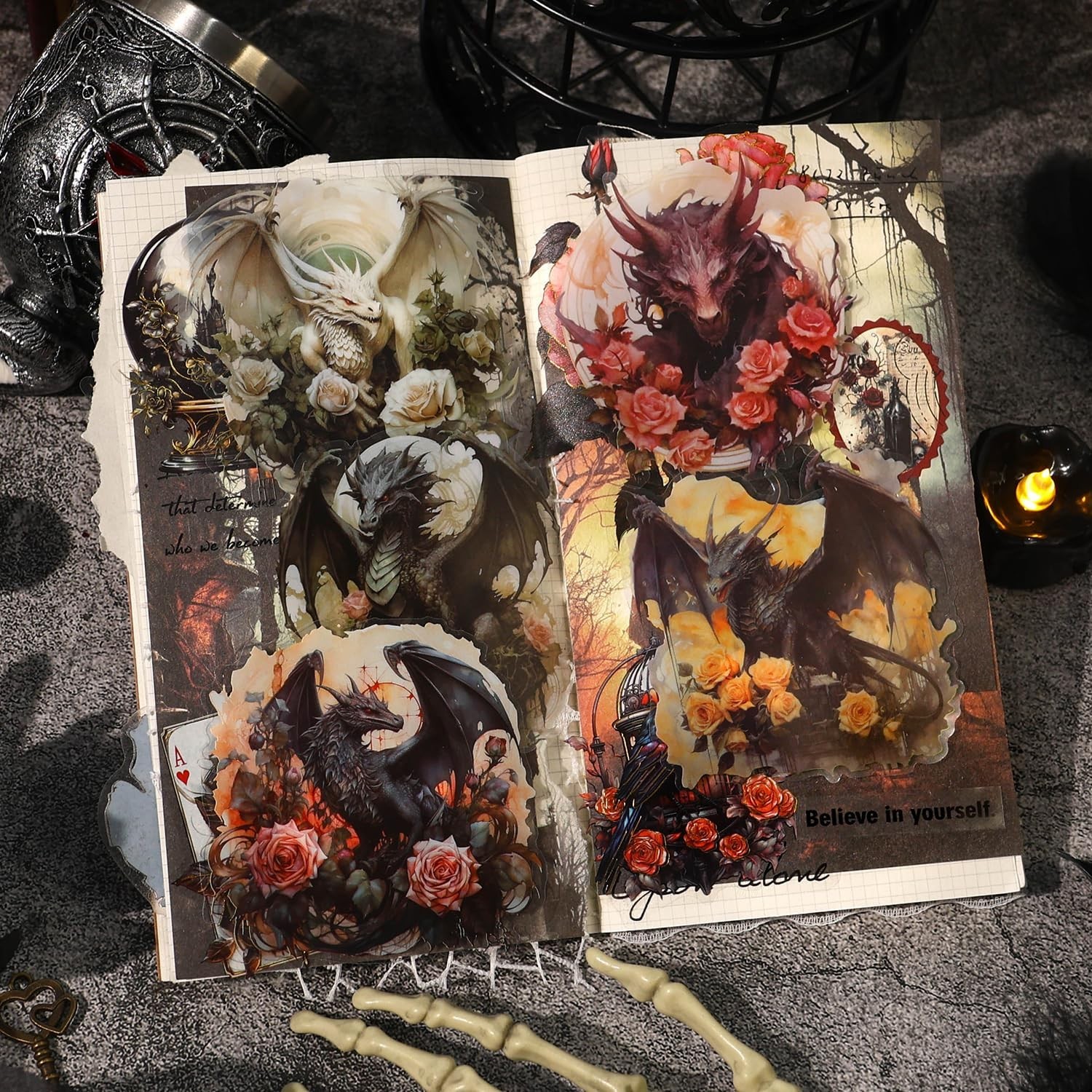 80 Pcs Gothic Aesthetic Dragon Rose Stickers for Scrapbooking – Large Dark