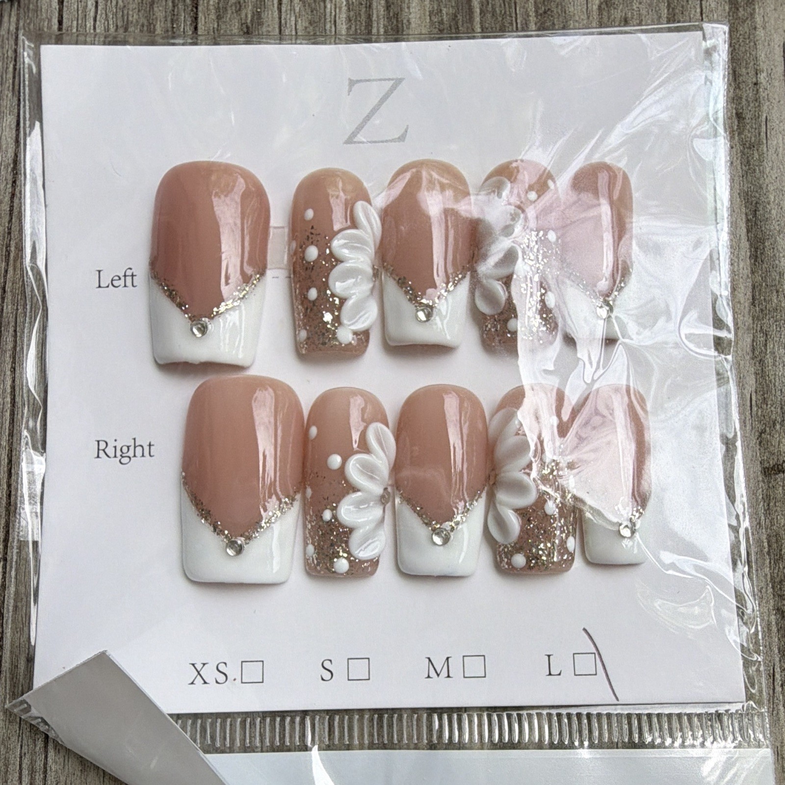 Press-On Nails Pink Nude White Glitter 3D Floral Long Square lot of 7 Large