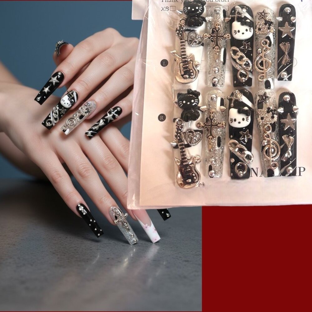 Y2K HANDMADE HELLO KITTY GRUNGE XLONG CHARM FAKE NAILS MEDIUM NEW
