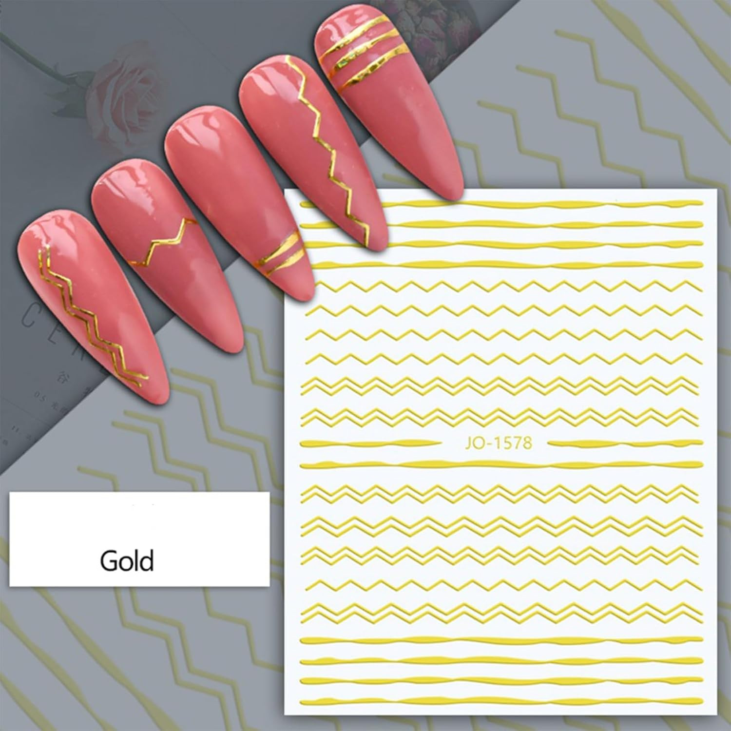 12 Sheets Gold Nail Stickers – 3D Self-Adhesive Metal Geometric Stripe Wave Nail