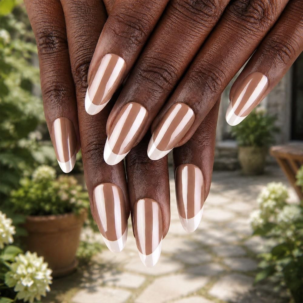 evpct French Tip Chrome Glazed Almond Nails Nude Brown/White
