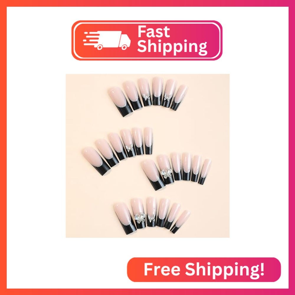 RUPOFUZA Long Press on Nails Square Black French Tip Fake False Nails with Bling