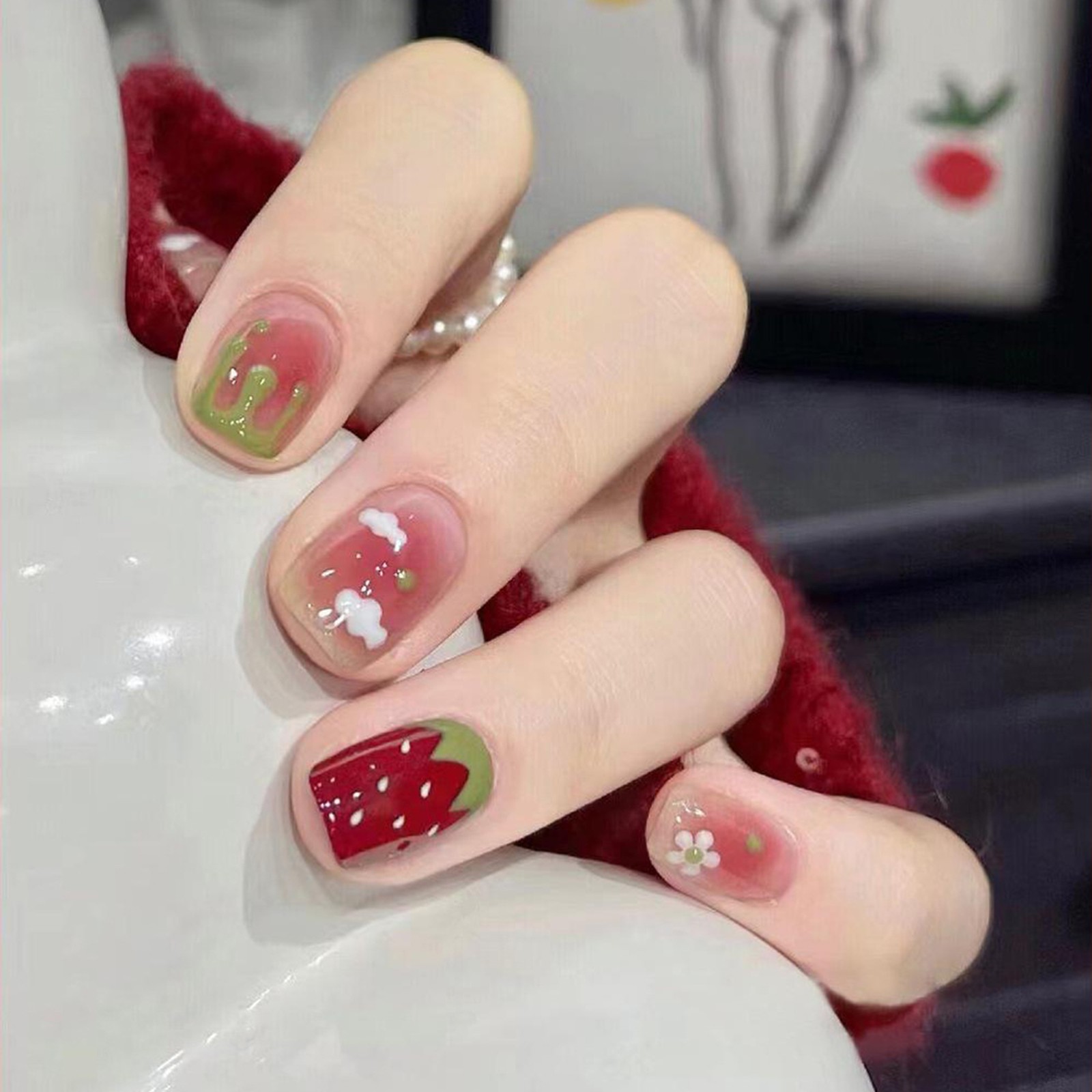 Strawberry Cute Press On Nail,Pink Red Blush Squoval Fake Nails w/ Flower Printe