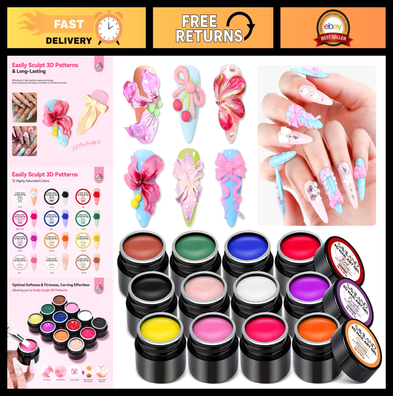 12 Colors 3D Nail Gel Set – Non-Sticky Soak Off Sculpting Gel for Nail Art & DIY