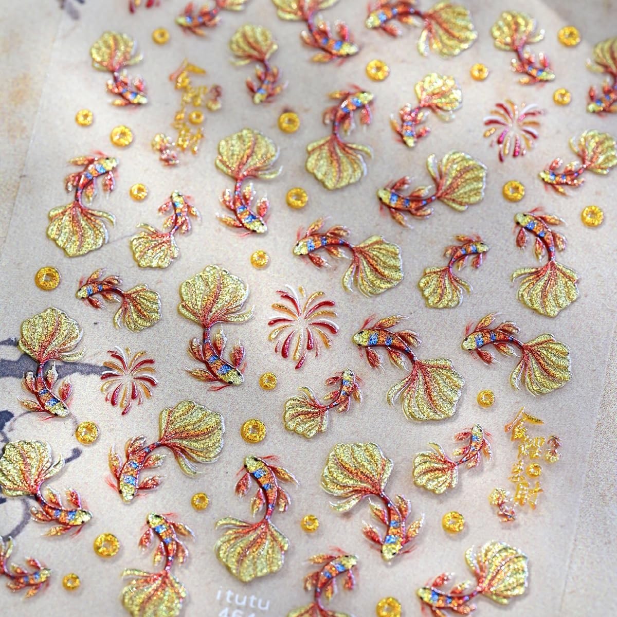 1 Goldfish Nail Art Stickers 5D Embossed Glitter Koi Fish Nail Decals -Adhesi…