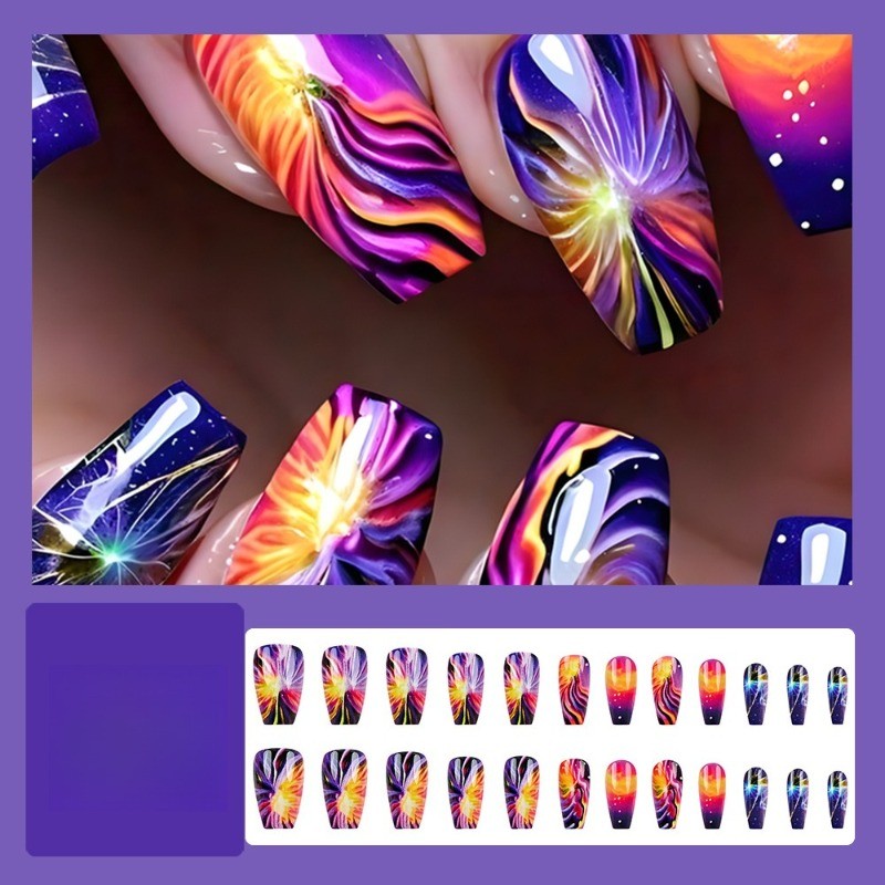 48pcs- Cosmic Swirl Press on Nails, Purple Orange Galaxy Art Medium Coffin Nails