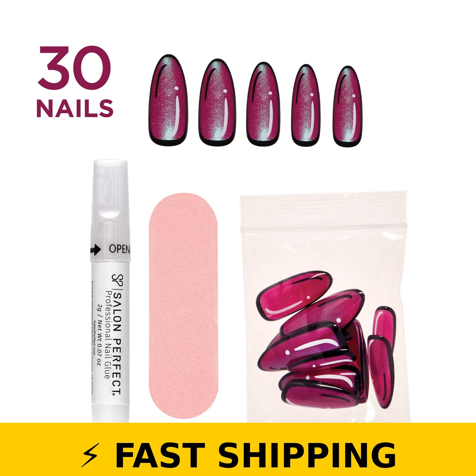 Salon Perfect Artificial Press on Nails, Purple Magnetic – 30pcs
